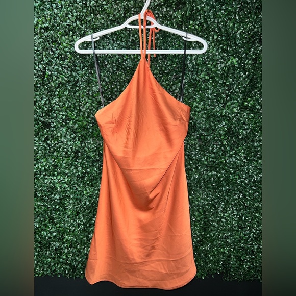2 Orange Silk dresses; halter and asymmetrical spaghetti strap; Size medium - Picture 1 of 5